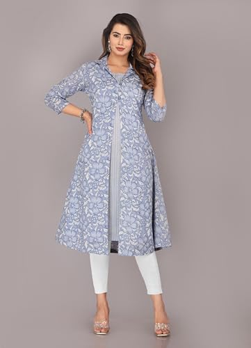 Image of KANNAHI Women Pure Cotton Printed Straight Calf Length Regular Jaipuri Kurta and Shrug Set with Floral Print for Womens & Girls Grey