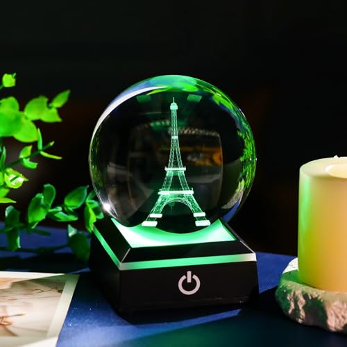 Image of 3D Crystal Ball Paris Eiffel Tower Snow Globe Decor Gifts for Women Men Adults with LED Base Lamp Souvenirs Xmas Ornament Unique Paris Stuff Glass Snowglobes for Christmas Birthday