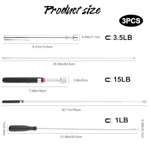 3 Pack Telescoping Magnet Pick up Tool Set,Extendable Magnetic Pick Up Tools and Bendable Spring Magnet Stick,1Lb 3.5Lb 15Lb Magnetic Stick Gadget set for Father\'s Day gift Retrieve Lost Keys Bolts