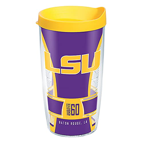 Super Brands Tervis Made in USA Double Walled Louisiana State University LSU Tigers Insulated Tumbler Cup Keeps Drinks Cold & Hot, 24oz - Yellow Lid, Primary Logo