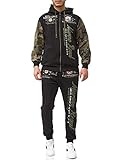 John Kayna Herren Jogginganzug Trainingsanzug Zweiteiler Freizeitanzug Sport Fitness Gym Modell JG-512 Oliv Camouflage S