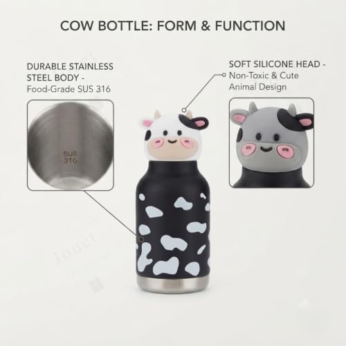 Image of JOUET Kids Stainless Steel Water Bottle 280ml with Cute Cow Character Lid, Black & White Leakproof Drinking Bottle for School, Travel & Daily Use