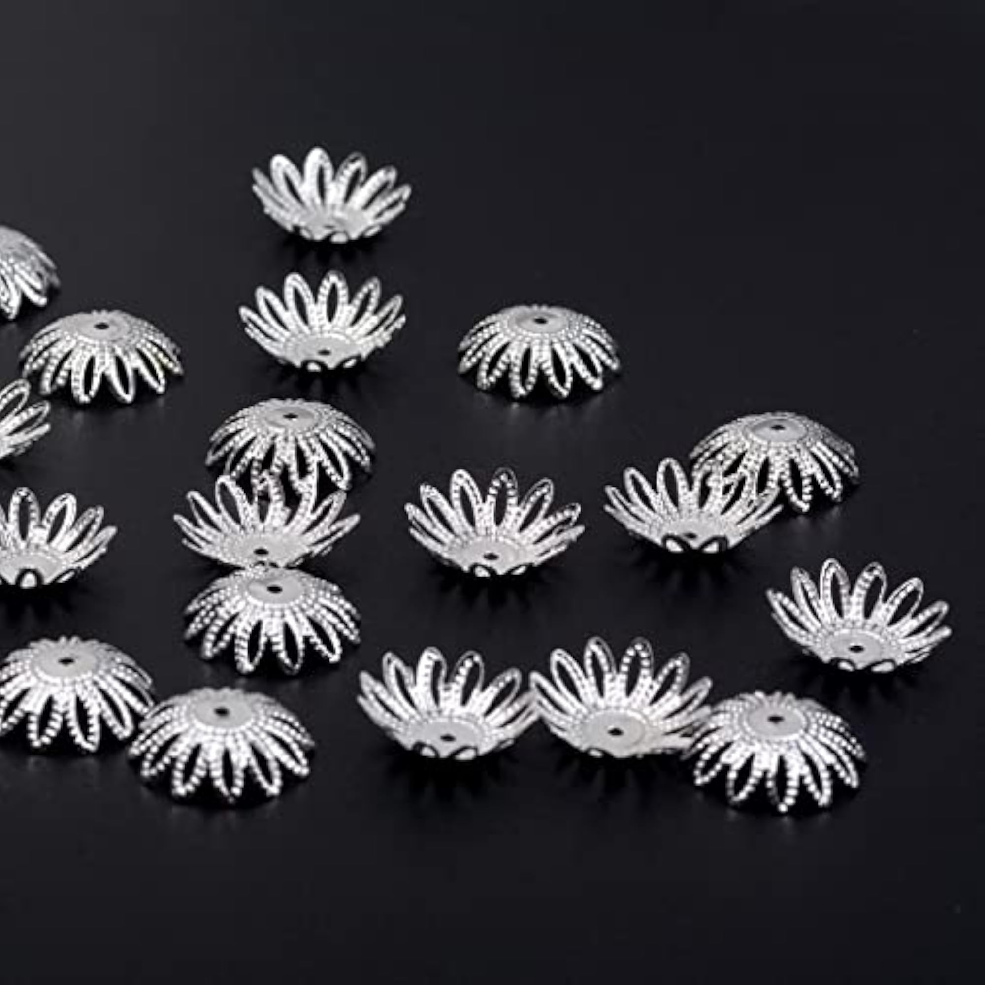 100pcs 16mm Hollow Flower Bead Caps for Jewellery Making, Silver