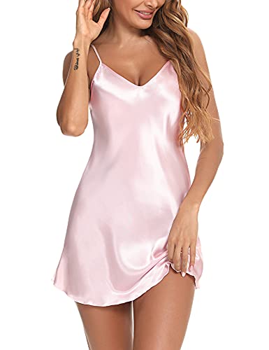 Litherday Negligee Damen Sexy Babydoll Kurz Satin Nachthemd V-Ausschnitt Nachtkleid Sommer Nachtwäsche Frau Sleepwear mit Verstellbare Träger, Rosa, L