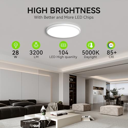 28W 3200lm LED Flush Mount Ceiling Light, Super Slim 12 inch LED Ceiling Light, 5000K LED Ceiling Light for Bedroom, Living Room, Dining Room (One Pack, White) by MODERN - Image 2