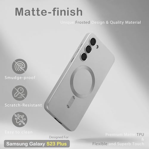 Amzfield Magnetic for Samsung Galaxy S23 Plus Case for Women Men Girls [Compatible with MagSafe] [Camera Lens Protector] Matte Cute Slim Soft Silicone Bumper Shockproof Metallic Phone Case, Silver by Amzfield - Used condition - Image 2