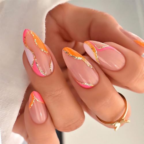 FJSMTOPl Press On Nails - Almond Fake Nails - French Tip False Nails Press ons - Medium Glue on Nails with Chrome Design - for Women Stick on Nail 24Pcs