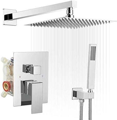 BWE 10 Inch Square Bathroom Luxury Rain Mixer Shower Combo Set Wall Mounted Shower Kit Rainfall Shower Head System Polished Chrome Shower Faucet Rough-in Valve Body and Trim Included