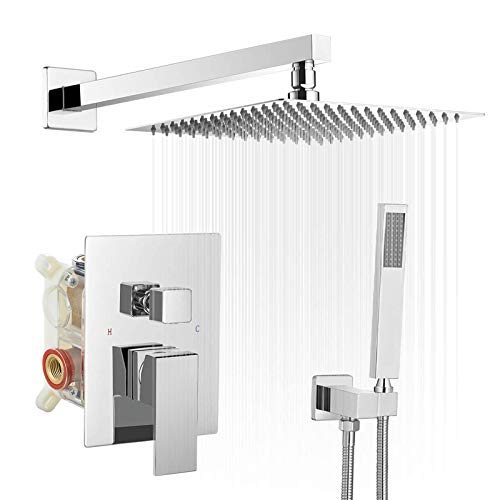 Bwe 10 Inch Square Bathroom Luxury Rain Mixer Shower Combo Set Wall Mounted Shower Kit Rainfall Shower Head System Polished Chrome Shower Faucet Rough-In Valve Body And Trim Included #TOP11