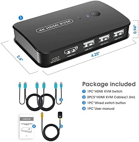 KVM Switch 2PC 1 Monitor, 4K @30Hz Rybozen KVM HDMI Switch, 3 USB 2.0, USB KVM Switch, Surpport Monitor, Mouse, Keyboard, Printer Scanner USB Devices, with HDMI KVM Cable