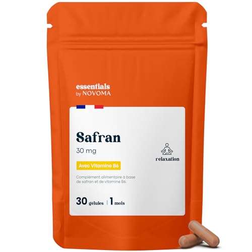 Safran 30mg Anti-Stress Adulte, Bonne Humeur, Sérénité & Concentration, Avec Vitamine B6, 30 Gélules Vegan, Cure de 1 Mois, Fabriqué en France, Essentials by Novoma