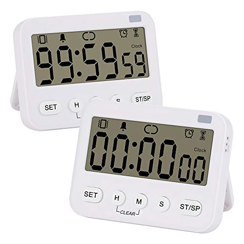 Stonylab 2pk Digital Timer Clock, 2 Pack Premium Multi-Function Digital Clock Countdown Timer Kitchen Event Timer with Alarm, Magnetic Back Big Digits Display Vibration/Flashlight/Sound Alarm