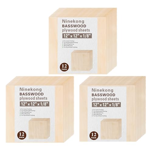 Basswood Sheets 36 Pack, 12"x12"x1/8" Thin Unfinished Plywood for Laser Cutting, Drawing & Painting, Engraving, Burning, Scroll Saw Cutting