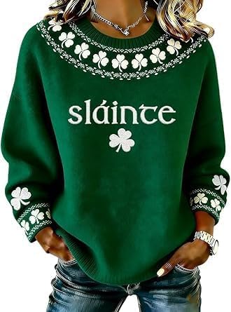 Women's St. Patrick's Day Knitted Tops Casual Long Sleeve Loose Fit Printed St. Patrick's Day Graphic Sweatshirts