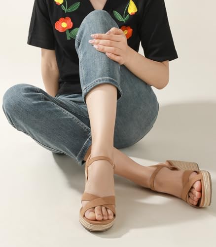 Image of Ankis Wedge Sandals for Women, Espadrille Womens Wedge Sandals Comfortable Open Toe Cross Band Ankle Strap High Heel Wedges for Women Dressy Summer -3.4Inch