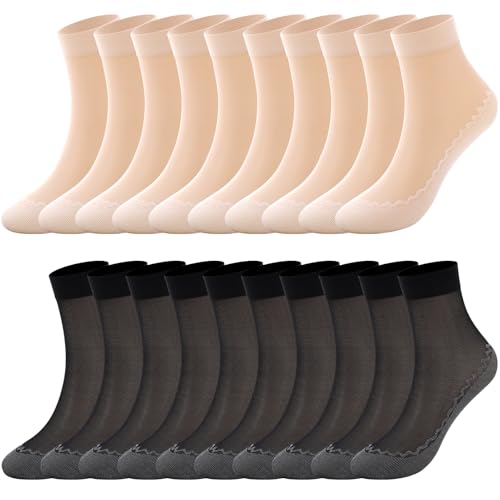 Utensilsto 20 Paar Matt Transparente Nylon Socken, 20 DEN Knöchelhohe Feinstrümpfe für Damen, Verstärkte Zehen Seidensocken (EU 35-38) Schwarz+Nackt