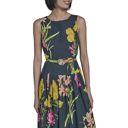Image of Karl Lagerfeld Women's Sleeveless Boat Neck Drop Waist Belted Midi Dress