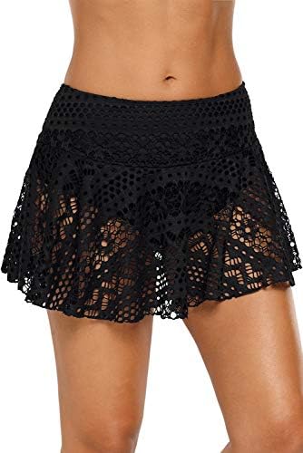 Lopie Women Lace Crochet Swim Skirt Bikini Bottom Swimsuit Board Shorts Skort Swimdress (Black, S)
