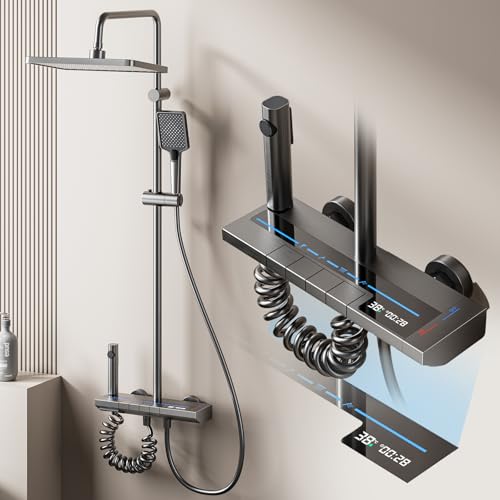 Julymoda Colonna Doccia con Miscelatore Display Digitale Kit Doccia Idromassaggio con Soffione 30×20cm e Doccetta Tasti di Pianoforte 4 Funzioni Altezza Regolabile Alluminio Aerospaziale