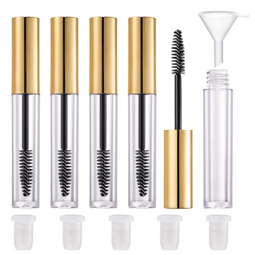 CAIYA 5 Pack Empty Mascara Tube, Refillable Eyelash Cream Container Bottle DIY Makeup Vials Cosmetic Tool for Castor Oil/Eyelash Growth Oil/Mascara with 5 Rubber Inserts, 1 Funnel