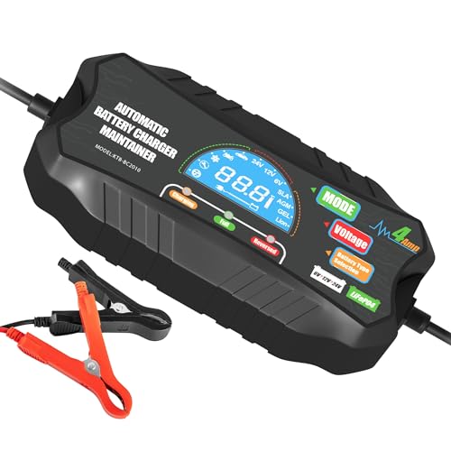 MOUDENSKAY 4Amp Car Battery Charger 6V 12V 24V LiFePO4 Battery Charger,Trickle Charger for Car Battery, Motorbike, Lead Acid, Sla, Gel, Agm, Lifepo4 Battery