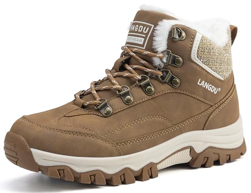 LANGDU Womens Snow Boots Water Resistant Hiking Warm Walking,Brown,7UK