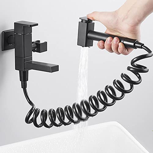 Wasserhahn Küche Wandmontage, Küchenarmatur Mit Spritzpistole Spülarmatur Messing Drehbar Einloch Kaltwasser Spültischarmatur-Schwarz 22Cm Cover