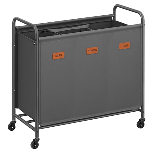 SONGMICS 3-Section Laundry Sorter, Laundry Hamper with Wheels, Rolling Clothes Hamper Cart with Large Capacity and Removable Bags, for Laundry Room, Bedroom, Bathroom, Slate Gray URLS330G01