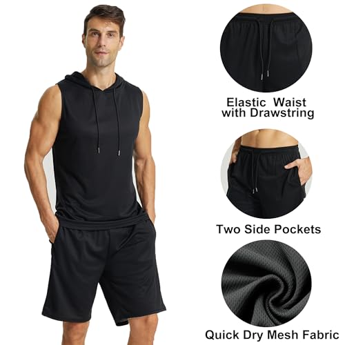 YUSHOW Conjunto esportivo masculino de 2 peças, com capuz, manga curta, shorts de corrida e bolso, s