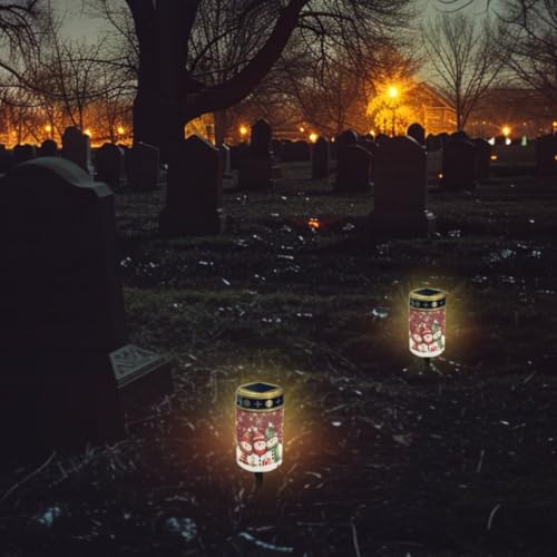 Image of Christmas Solar Memorial Lights for Graves 2 Pcs | Water resistant outdoor flameless candle lamp, snowman family solar cemetery decorations for grave