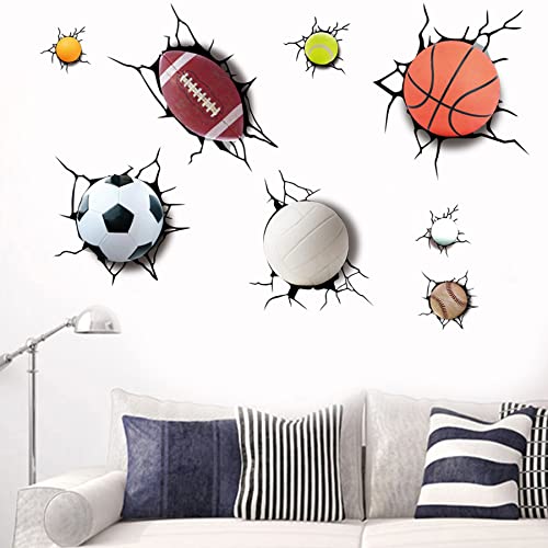 3D Sport Balls Wall Sticker Cracked Wall Sticker For Kids Living Room Decoration Detachable Wall Stickers Including Football, Basketball, Volleyball, Rugby, Tennis, Snooker, Bowling, Baseball #TOP5