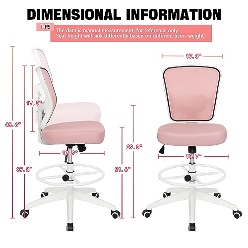 Image of Drafting Chair Adjustable Height Tall Office Chairs Standing Desk Chair Rolling Stool Chair Armless Office Drafting Chair Pink
