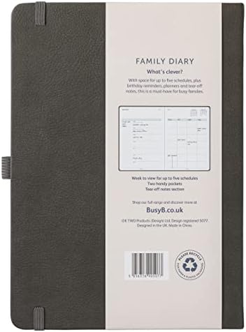 Busy B Family Diary January to December 2023 - A5 Charcoal - Faux Leather Week to View Diary with Space for 5 Schedules & Tear-Out Notes