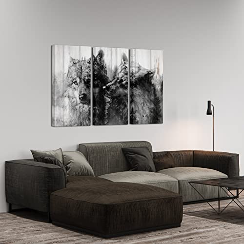Ouelegent 3 Panel Wolf Couple Canvas Wall Art Rustic Wildlife Animal Picture Paintings Black And White Wolves Prints Artwork For Living Room Bedroom Bathroom Home Decor Ready To Hang #TOP2