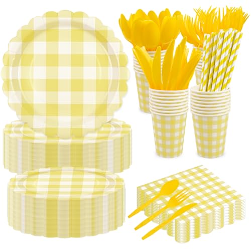 PUEVENYI 400PCS Yellow Gingham Party Supplies, Scalloped Disposable Tableware Set