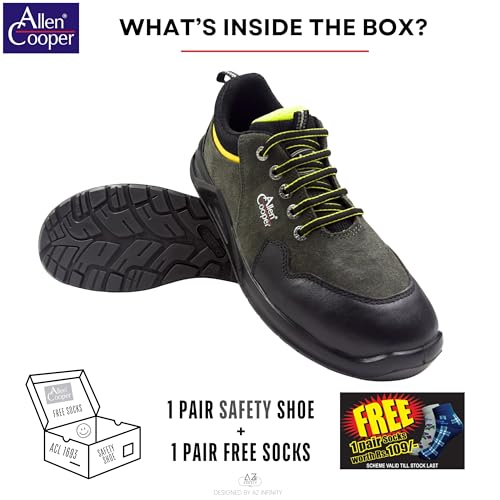Image of Allen Cooper Safety Shoe ACL 1693 | Triple Density PU Sole with Popcorn Technology, Suede Leather Upper, 200J Steel Toe Cap, Sporty Sneaker | Size 08 UK /INDIA