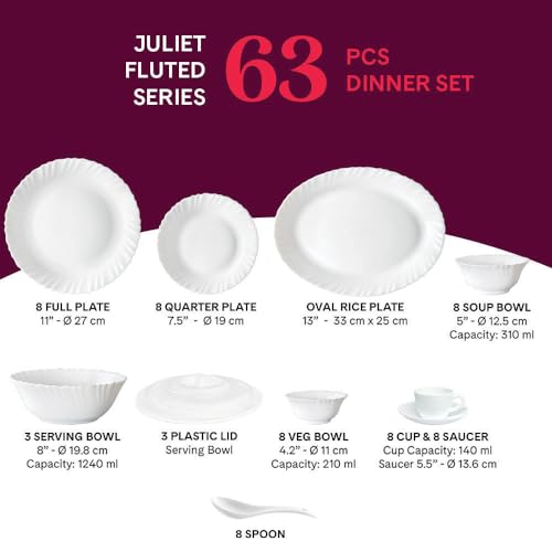 Image of Larah by Borosil Juliet Fluted Series Opalware Dinner Set | 63 Pieces for Family of 8 | Microwave & Dishwasher Safe | Bone-Ash Free | Crockery Set for Dining & Gifting | Plates & Bowls | White