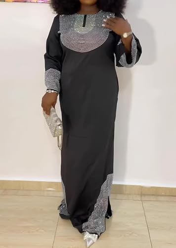 Image of Famnbro Womens Plus Size Maxi Dress Rhinestone Long Sleeve Loose Side Slit Casual African Dresses