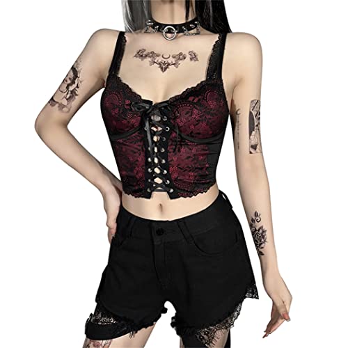 Gothic Corset Top Floral Lace Lingerie for Women Sexy Lace-Up Bustier Top Club Outfits Going Out Brami Top Red V Neck Sleeveless