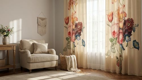 Image of Floral Printed Window Curtain for Living Room & Bedroom | Premium Polyester Door Curtain | Elegant Flower Design Drapes | Light Filtering Home Decor Curtain | Cream Multicolor (1 Pcs)