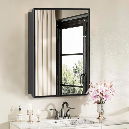 Bathroom Medicine Cabinet with Mirror, Recess or Surface Mount, S...