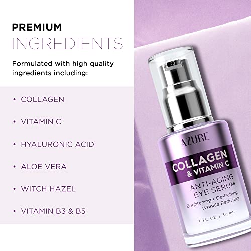 Azure Collagen & Vitamin C Anti Aging Eye Serum - Toning, De-Puffing & Brightening Serum - Reduces Wrinkles, Fine Lines & Dark Circles - Minimizes Fatigue - Skin Care Made In Korea - 30Ml / 1 Fl.oz. #TOP1
