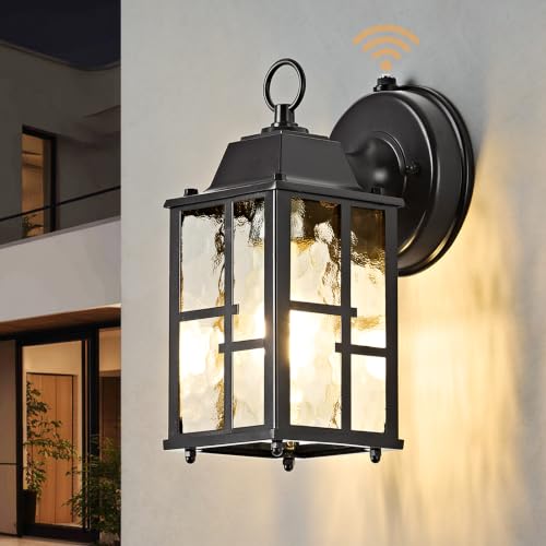 Image of OKELI Dusk to Dawn Outdoor Wall Lights, Exterior Waterproof Lantern, Front Porch Sconce Lighting with Water Ripple Glass Shade, Anti-Rust Wall Lamps Outside Lights for Garage (Black-SIZE-S-1pack)