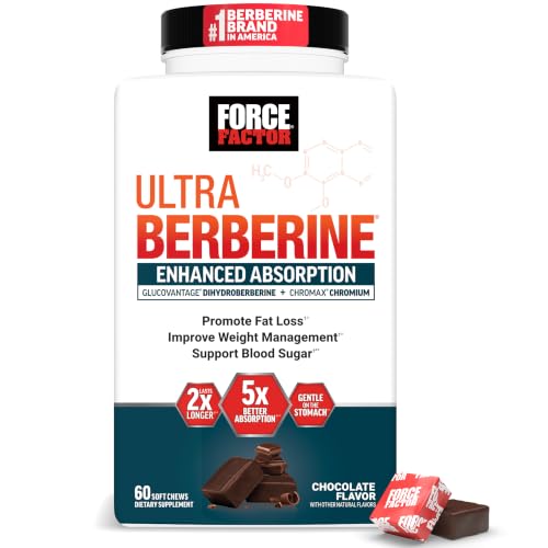 Force Factor Ultra Berberine Enhanced Absorption, with GlucoVantage Dihydroberberine & Chromium, 5X Better Absorption, Lasts 2X Longer, Gentle on the Stomach, Chocolate, 60 Soft Chews