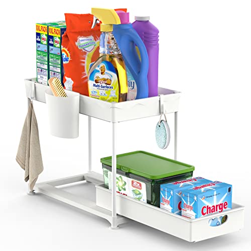 Toski 2Ebenen Unter Spüle Regal Ausziehbar,Under sink Organizer,Schiebeschublade Spüle,Küchenschrank Organizer,Mehrzweck Organizer für Küche und Bad,4 Haken und 1 Tassen,40,5 L x23 B x33 HCM,Weiß Cover