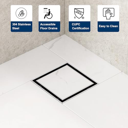 Neodrain 4-Inch Square Shower Drain with Tile Insert Grate, Professional Brushed 304 Stainless Steel Rectangle Shower Floor Drain Manufacturer, Floor Shower Drain with Shower Drain Base