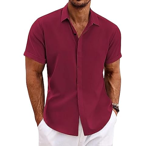 COOFANDY Men's Linen Button Up Red Stripe Shirt Cover