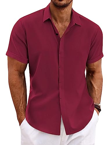 Image of COOFANDY Men's Linen Shirts Short Sleeve Casual Shirts Button Down Shirt for Men Beach Summer Wedding Shirt