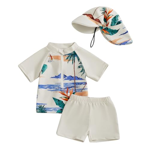 Image of Toddler Baby Boys' 3-Piece Swimsuit Set Short Sleeve Bathing Suit Baby Rash Guard Swimwear with Sun Hat