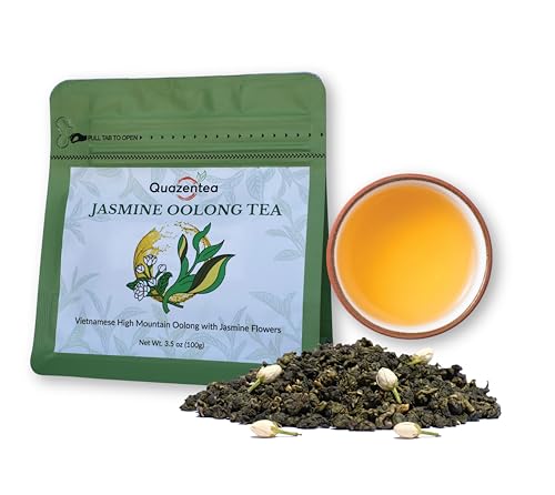 QuaZenTea Jasmine Premium Oolong Tea Loose Leaf 3.5oz (100g) - High Mountain Vietnamese Green Oolong - Pure Hand-Sorted for Smooth, Non-Bitter Taste & Rich Aroma